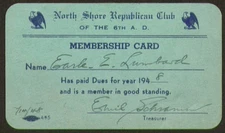 North Shore Republican Club Membership Card 1948 NY
