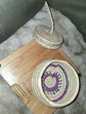 Small Round Handwoven Wicker Storage Baskets 2pc wit Lid Handle Beige Purple