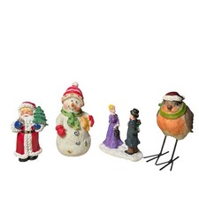 Christmas Decoration Set x4 Snowman Santa Claus Courting Couple Robin Resin Xmas