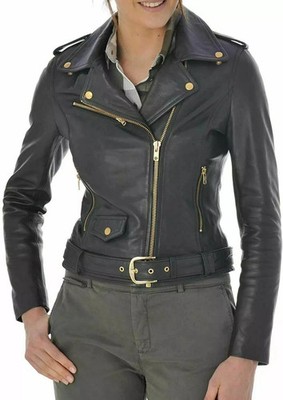 Motorcycle Jacket Women Black Soft Lambskin Leather Handmade Golden Zipper Biker