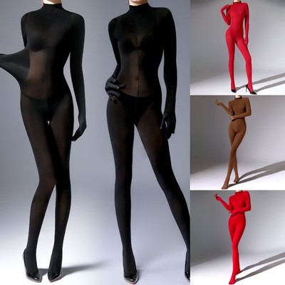 Plus Men 120D Glove Sleeve Bodysuit Jumpsuit Black Soft Tight Elastic Leotard