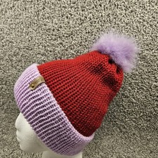 Knit Beanie Hat Toque Toboggan Size L Red/Purple Winter Warm Pom Pom Handmade
