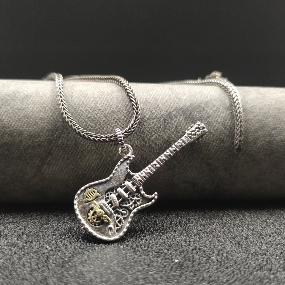 Steampunk Guitar Pendant, S925 sterling Silver, Rocker Musician Gift ...