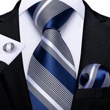 Mens Tie Striped Navy Blue Necktie Handkerchief Cufflinks Set Wedding Formal