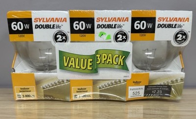 3 Pack Sylvania 60w watt 120v Double Life Clear Globe Light Bulbs Indoor G25