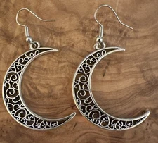 Silver Tone Filigree Crescent Moon Hook Earrings, Boho, Celestial Drop