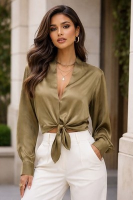 The Sei Silk Tie Front Blouse Size 4 Olive Satin Luxury Modern Minimalist Top