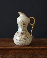 Vintage Keramik Krug Kanne Goldgriff Vogel Motiv Crackle Glasur