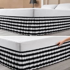 King Black White Striped Bed Skirt Wrap Around Elastic Bed skirt