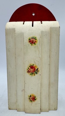 Vintage Wall Mount Knife Block Wood Cream Red Floral Kitchen Storage Camper