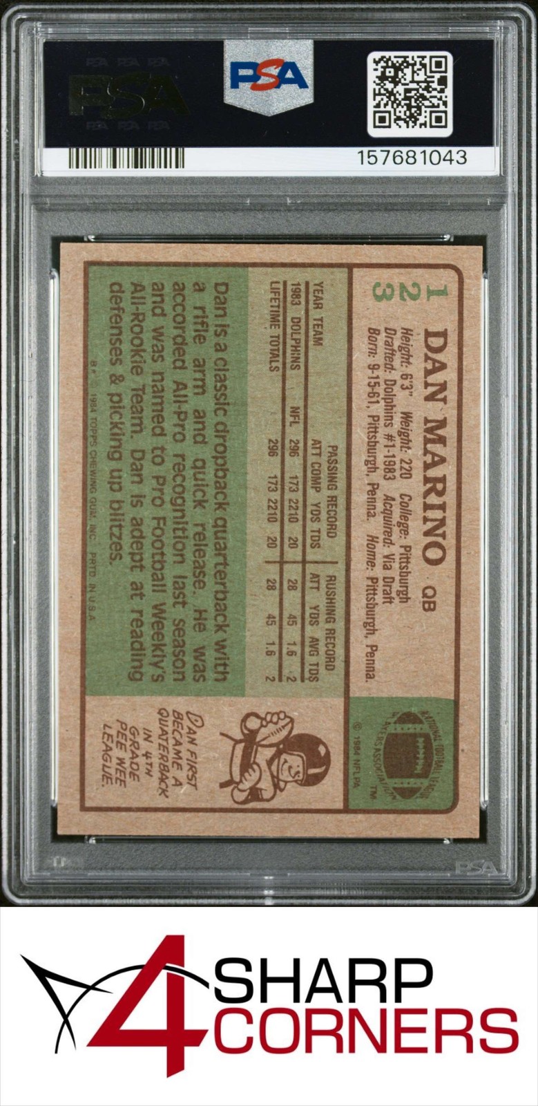 1984 TOPPS #123 DAN MARINO RC DOLPHINS HOF PSA 8 view 2