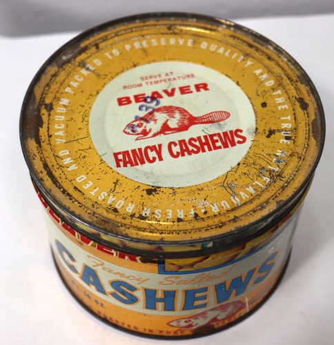 Rare Beaver Fancy Salted Cashews Nut Tin Canada Vintage Advertising C6 - Picture 2 of 9