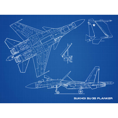 Suchoi Su-35 Flanker-E Luftverteidigungsjäger Bauplan XL Wandbild Poster Druck