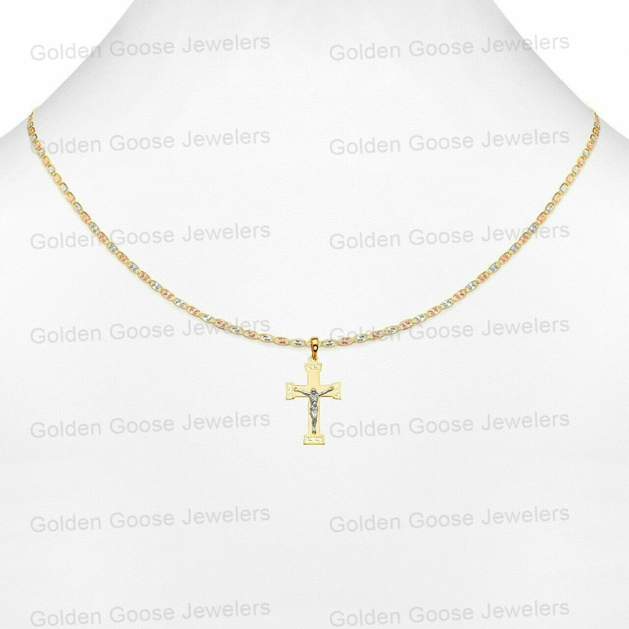 Ciondolo croce crocifisso unisex vero oro bianco o giallo 14 carati catena Valentino