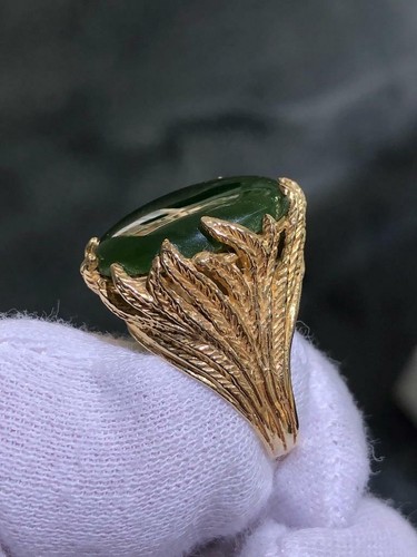 14k Solido Oro Giallo Giada Verde Vintage Halo Mano Fatto Design Anello Sigillo - Foto 7 di 12