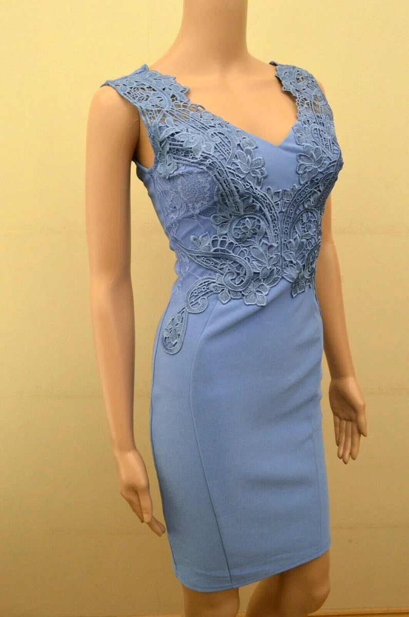 New Lipsy Blue V Neck Lace Applique Dress Sz UK 8 10 12 14 16 reg