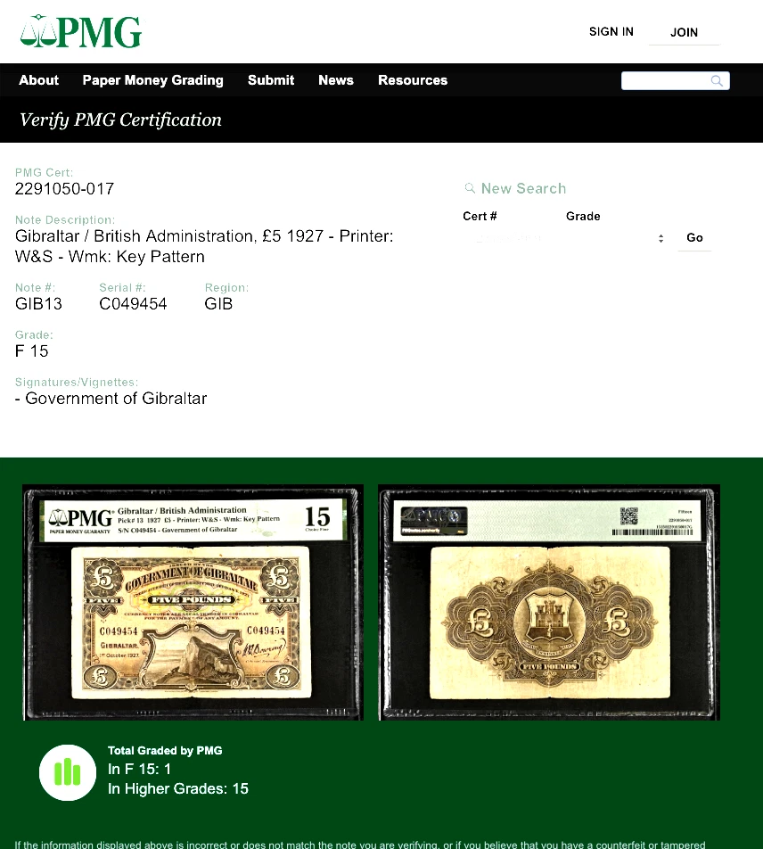 Gibraltar £5 Pounds 1927 Pick# 13 PMG 15 Choice Fine - Image 3 of 4