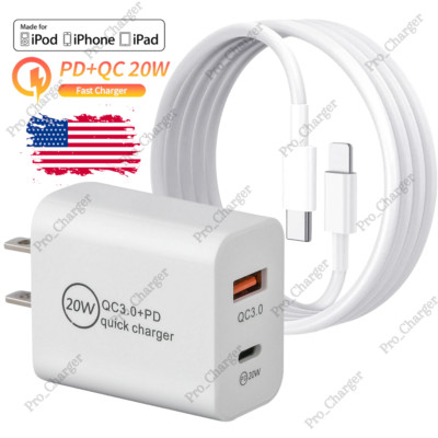 For iPhone 11 12 13 14 Pro XR 8 iPad Fast Charger 20W Power Adapter Type C Cable
