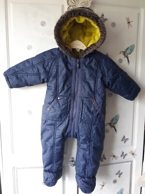 Boys Ted Baker Snowsuit all in one 6-9 months blue with fake fur
