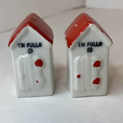 Vintage Ceramic Outhouse Cabin  Im Fulla S  Salt & Pepper Shakers TWO SALT