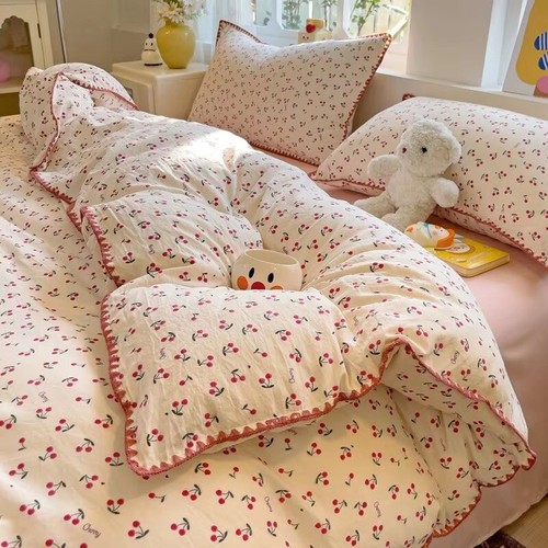 Bedding Set Girls Cherry Soft Washed Cotton Bed Sheet Queen King Size Duvet Set
