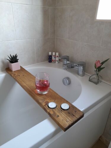 Handmade rustic Wooden Bath Caddy Bath Board Shelf with tea light inserts. 70cm - Zdjęcie 1 z 3