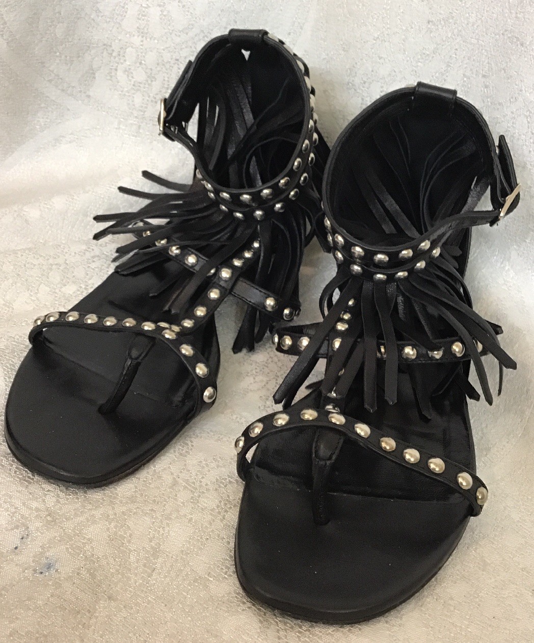 Sandalo Saint Laurent nero doppia fibbia con frange borchie nu pedine taglia 37 1 2