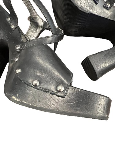 Vintage Candies Y2K 90s Black Wood Heels Leather Strap Size 7 - Picture 14 of 14