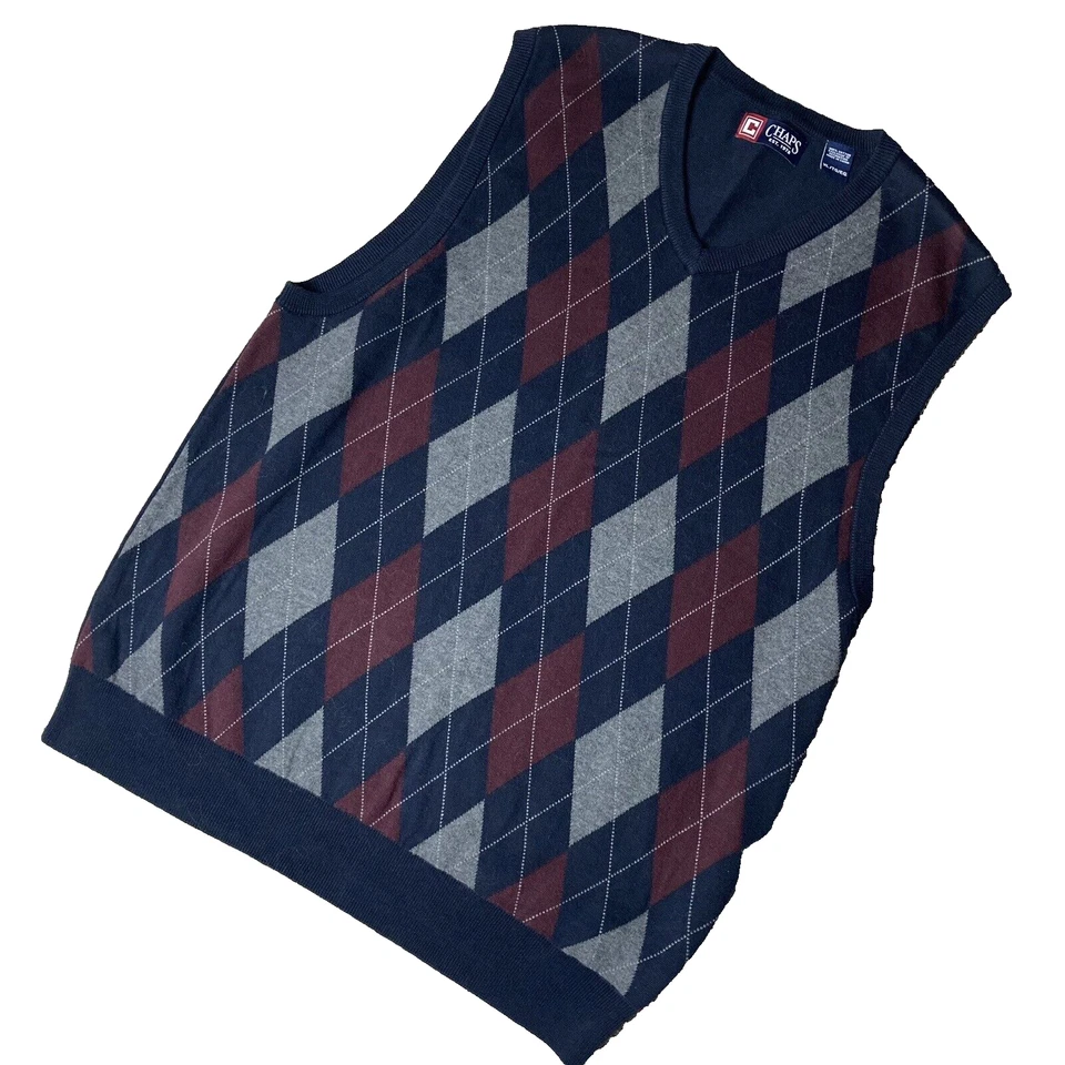 Chaps Para Hombre Algodón Cuello en V Argyle Azul Marino y Borgoña Suéter Chaleco Pullover Talla XLT Foto 2 de 4