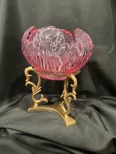 Vintage Fenton Pink Lotus Rose Bowl Candle Holder with Brass Pedestal Stand