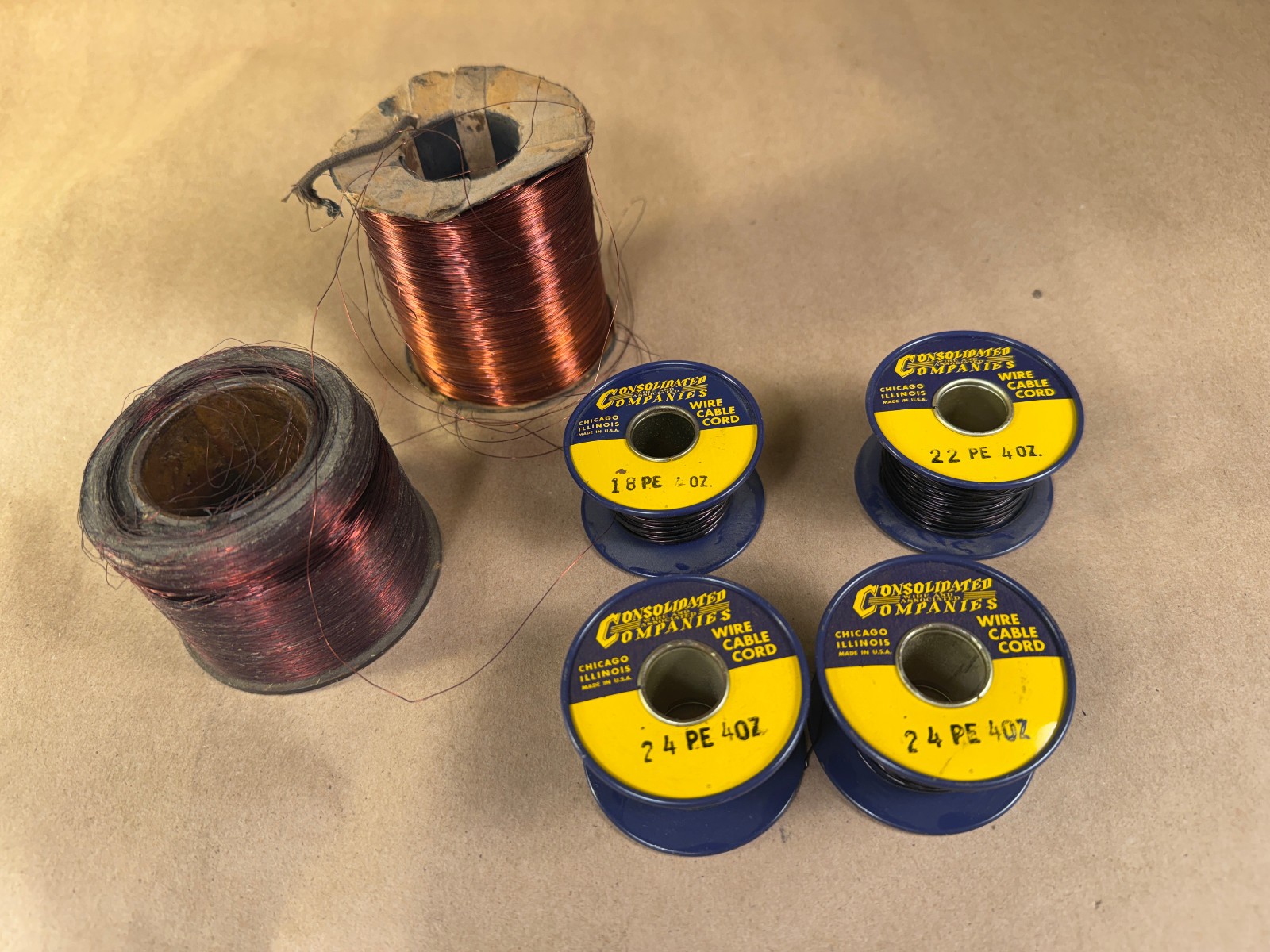 Vintage Solid Copper Magnet Wire Lot + Other Spools at 18, 22, 24 Gauge