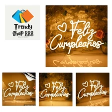 Feliz Cumpleaños Led Neon Sign Light Spinish Happy Birthday Heart Wall Sign D...