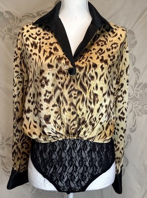 Vintage 100% Silk Cache Women's Bodysuit Leopard Print Lace Long Sleeve Size 12