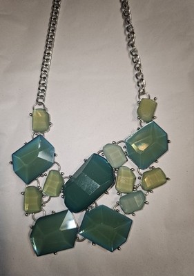 Silver Tone Curb Link Statement Chain Necklace w/ Green Rectangular Glass Stones