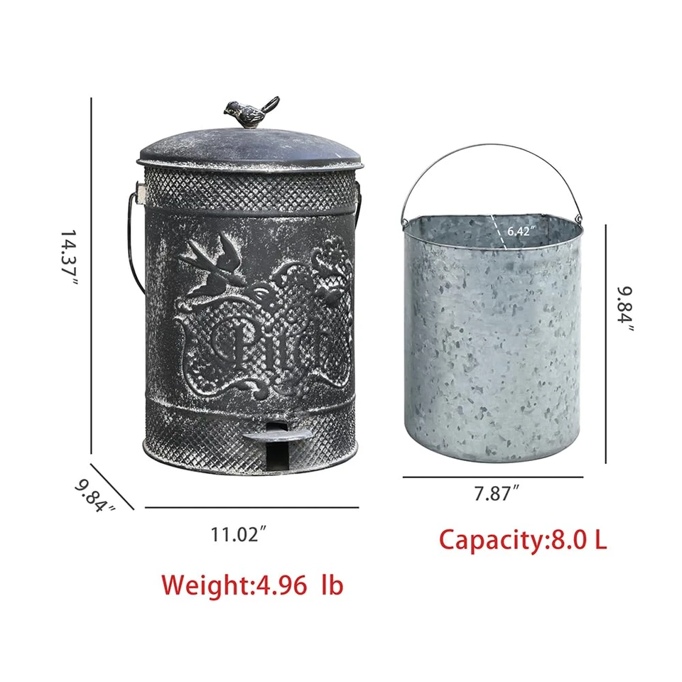 Farmhouse Garbage Can with Lid Indoor Outdoor Trash Can with Embossed Bird and F - Image 2 of 4