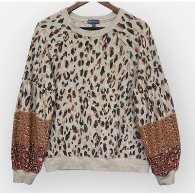 Democracy Womens Leopard Print Studded Raglan Sleeve Sweatshirt Beige Tan M