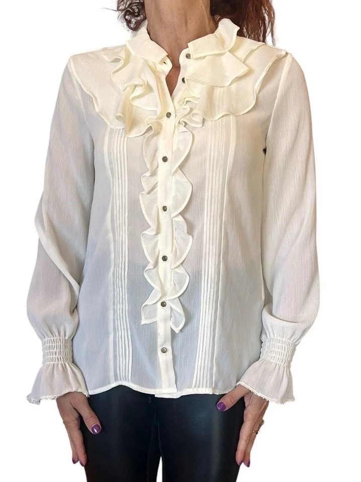 BLUSA ZARA SEMI TRANSPARENTE VOLANTES MANGA LARGA BOTÓN DORADO ROMÁNTICO 9878/061 XS NUEVA CON ETIQUETAS Foto 2 de 4