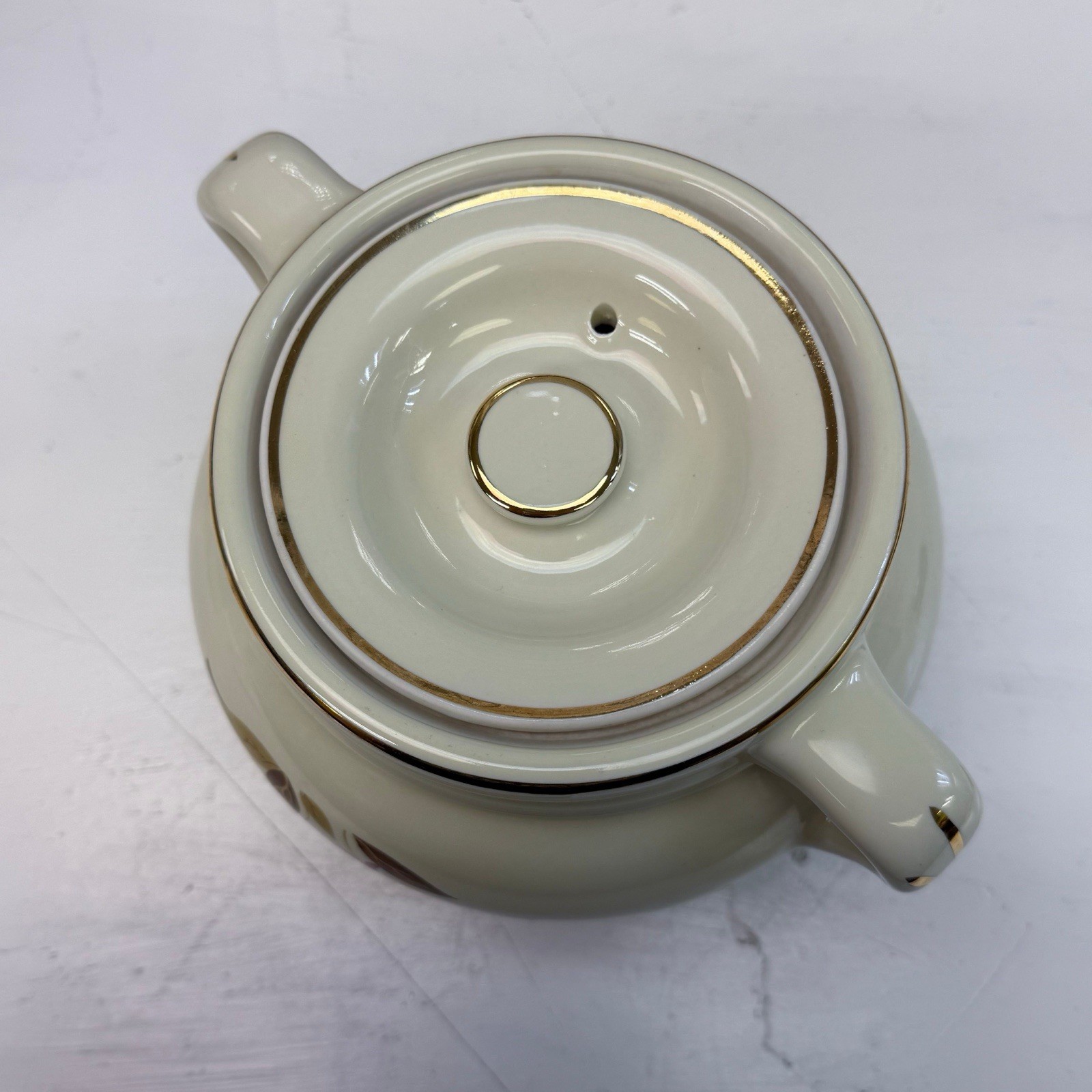 Hall Autumn Leaf Bean Pot Gilded Ceramic Vintage 1950s Serve Ware MCM Dish