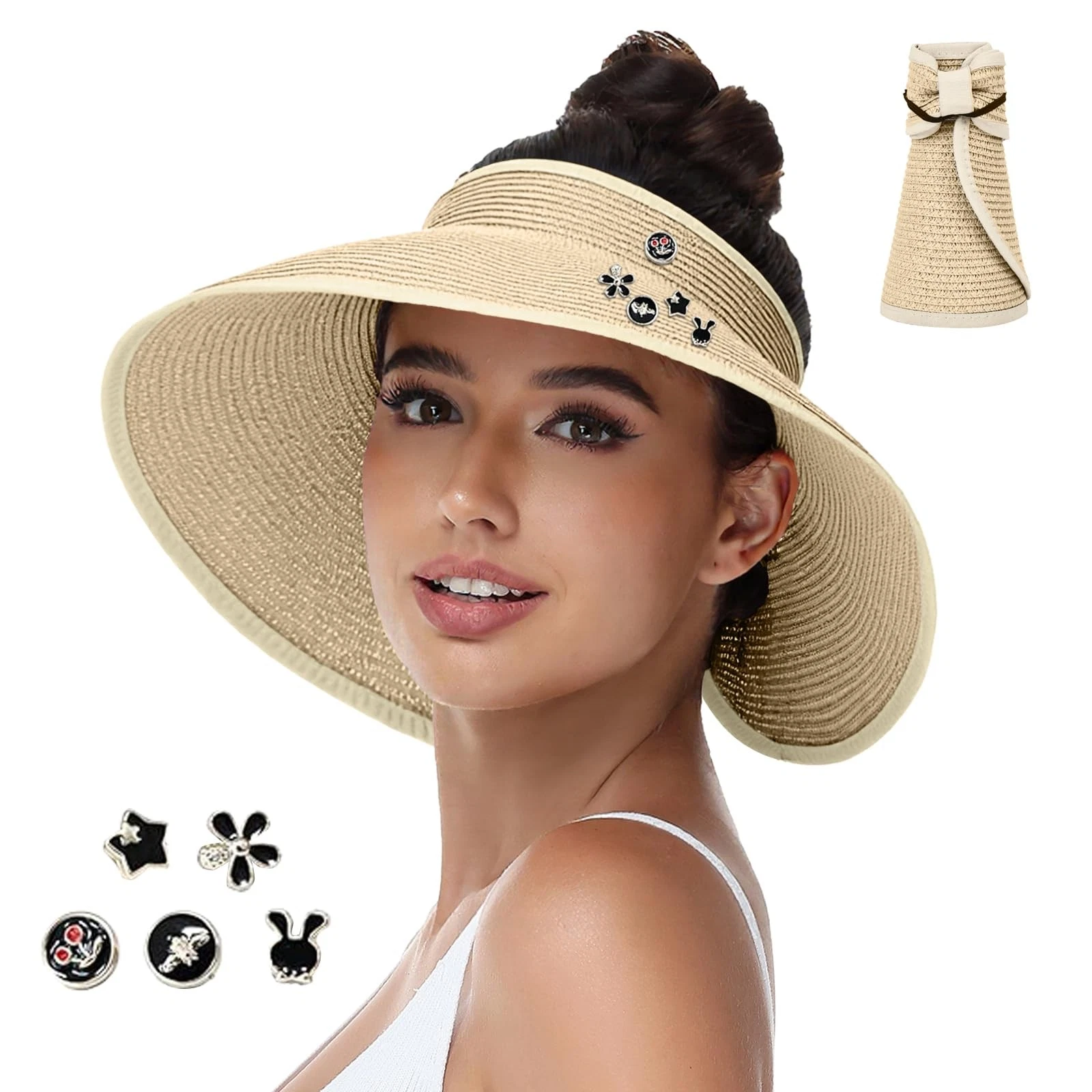 Sun Hats Visor Women UV UPF Straw Beach Foldable Wide Brim Ponytail Travel