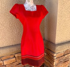 EUC Vintage Inspired Red Cocktail Dress with Printed Hem Approx Sz 6-8 FREE SHIP