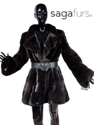 Real Fur Mink Black-Ranch Horizontal Jacket With Collar & Leather Belt