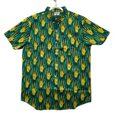 Creepy Co Mens Medium Button Up Shirt Green Yellow Eye Hand Candle Print