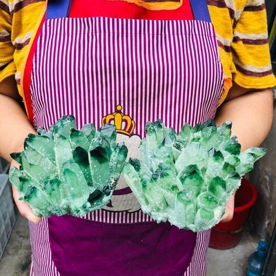 3.28LB 2pcs Newly discovered green phantom quartz crystal cluster mineral sample