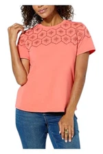 DG2 by Diane Gilman Women's Embroidered Eyelet Knit Tee Coral