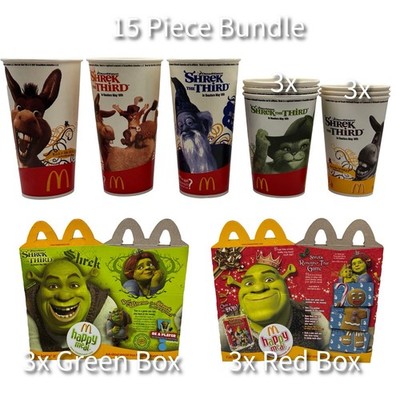 (15 Piece) Shrek The Third Mcdonalds Happy Meal Box & Wax / Paper Cup Bundle