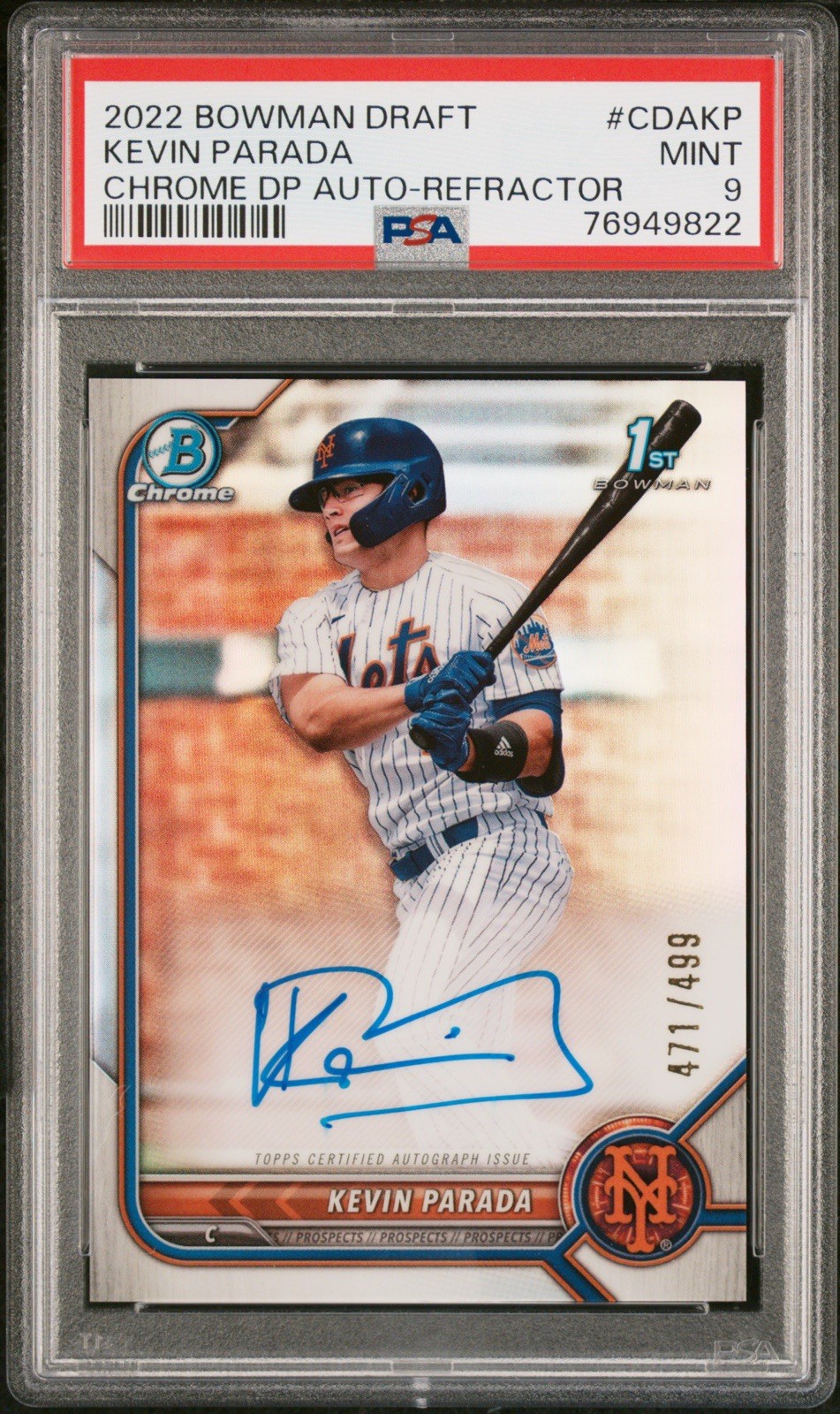 2022 Bowman Draft Chrome Kevin Parada 1st Auto Refractor /499 NY Mets Psa 9