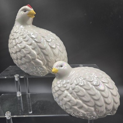 VTG 1964 White Ceramic Quail Figurines 6  & 4  Hand painted Iridescent Granny ￼