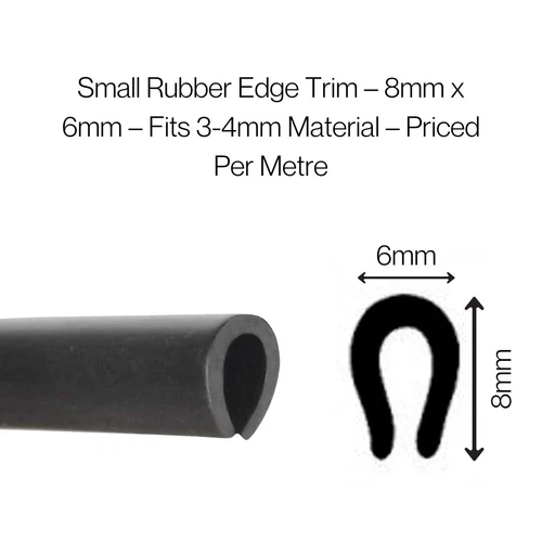 Small Rubber Edge Trim 8mm x 6mm - Fits 3-4mm Material - Priced Per Metre