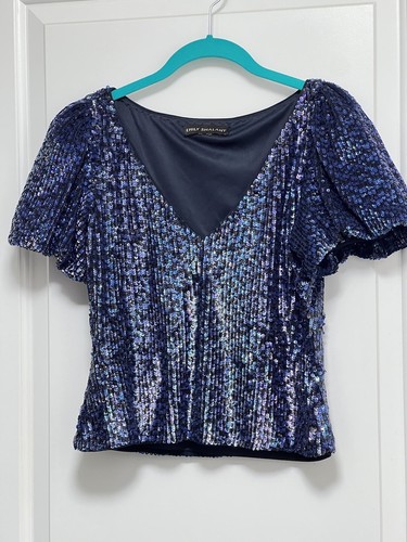Paillettes Emily Shalant collo a V foderato blu (34"" busto x 19"") ballo di fine settimana - Foto 4 di 10