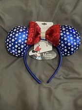 Disney Minnie Mouse Ears Americana Headband RedWhiteBlue with Stars Sequin Bow